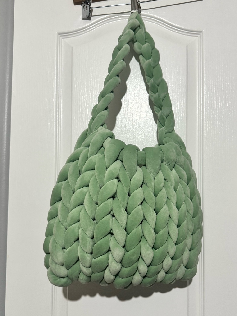 NEW Handmade Chunky Knit Crochet Trendy Velour Braided Shoulder Bag - Sage Green